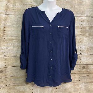 Avenue Size 18 20 Popover Blouse Blue V Neck Button Front L/S Roll Tab Pockets